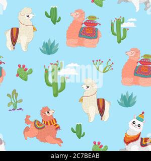 Hand drawn seamless pattern with cute lama alpaca, cactus and other plant herbs Stock Vector