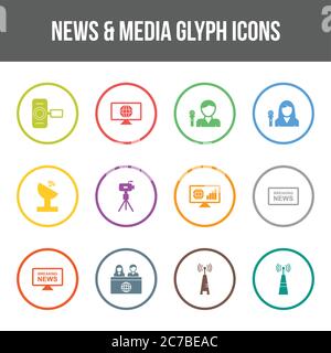 Unique news & media vector glyph icon set Stock Vector