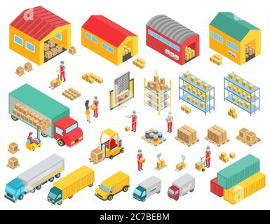 Logistics isometric icons set with cargo trucks, buoldings, warehouses and people symbols isolated vector illustration Stock Vector