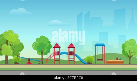 Vector city public park with kids playground on the modern city skyscrapers background. Green park in town city center Stock Vector