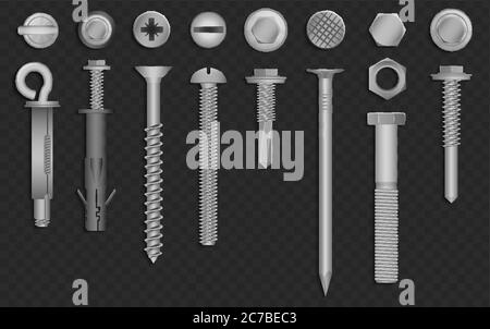 Realistic 3d vector screws, nuts, bolts, rivets and nails for fastening and fixing on black transperant background Stock Vector