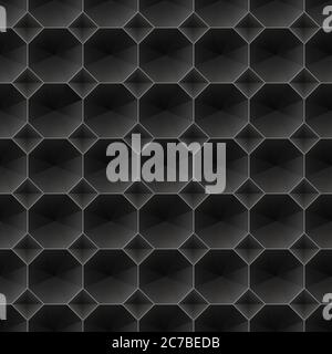 Seamless black vector diamond 3d pattern. Geometric embossed inside hexagons texture Stock Vector