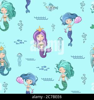 Vector hand drawing cute little mermaid princess seamless pattern background Stock Vector