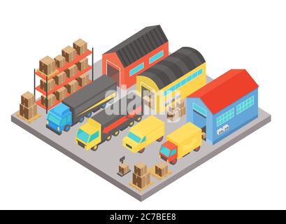 Warehouse isometric concept composition. Modern building storage with employees and shelves with boxes. Vector transportation logistic concept isolated Stock Vector