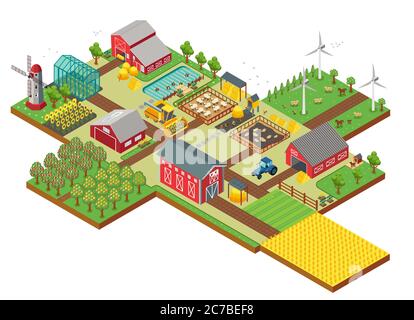 Vector isometric rural farm with mill, garden field, farm animals, trees, tractor combine harvester, house, windmill and warehouse for app and game Stock Vector