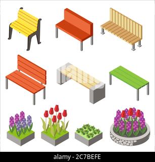 Colorful design of arranged isometric icons with benches and flowerbeds for city design isolated on white Stock Vector