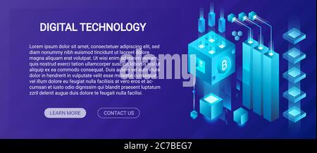 Hosting service, big data center, cryptocurrency and blockchain isometric composition banner template concept, mining crypto farm vector illustration Stock Vector