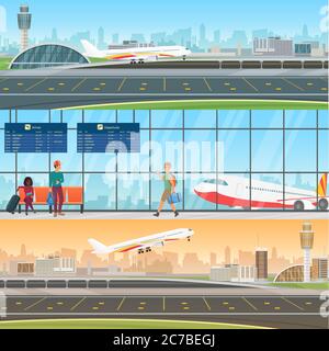 Airport detailed horizontal vector banners templates. Arrivals and departures. Waiting room in terminal with passengers people. Travel concept with taking off and landing airplane Stock Vector