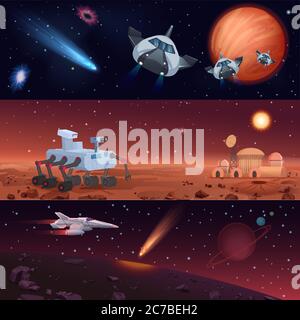 Set of vector illustrations of rover and spaceships carrying out mission of Mars and Universe exploration and conquest of stars and planets Stock Vector