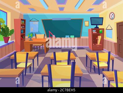 Empty vector cartoon school class room interior with board desk Stock Vector