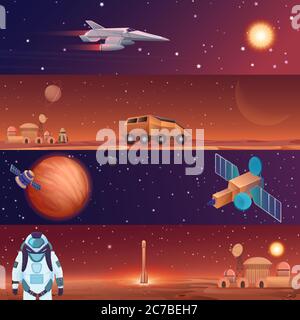 Vector illustration banners of space flight spaceships exploration. Mars in outer space, galaxy Mars rover, rocket shuttle and colony city base with astronaut Stock Vector