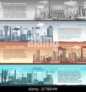 Set of vector industrial factory banners landscape. Abstract Factory, Oil and gas refinery, Chemical Manufacture. Inforgraphic template posters Stock Vector