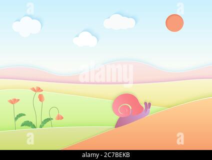 Trendy gradient color cuted paper summer landscape background with cute snail vector illustration Stock Vector