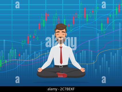 Young man trader meditating under rising crypto or stock market exchange chart. Business trader, finance stock market graph concept. Growing stock Market. Balance feeling. Stock Vector