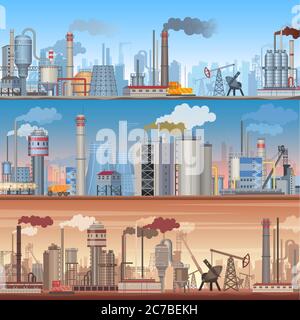 Set of realistic detailed Industrial web banner backgrounds. Vector industrial factory infographic templates Stock Vector