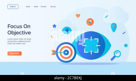 Focus on objective archery focus eye icon campaign for web website home homepage landing template banner with cartoon flat style. Stock Vector