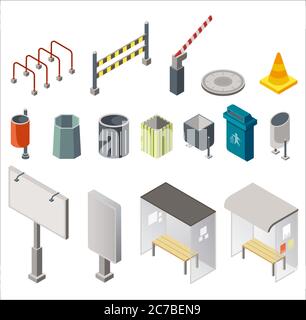 Isometric design of arranged set with urban trash cans and signboards with bus stops and restriction signs on white background Stock Vector