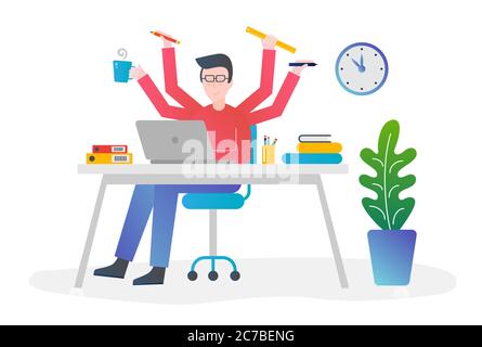 Flat gradient color design vector concept illustration. Office man with multitasking and multi skill. Male with four hands holding different things for time managing Stock Vector