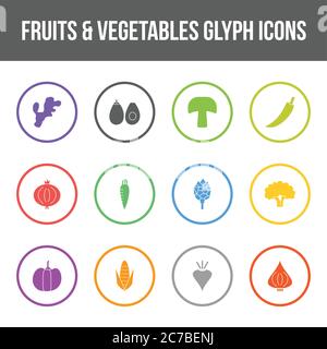 Unique fruits & vegetables vector glyph icon set Stock Vector