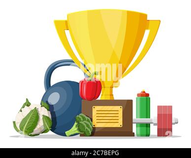 Trophy cup award with dumbbell weight, vegetables and sport bottle of water. Fitness goals concept. Healthy food and sport icons. Nutrition and fitness activity and lifestyle. Flat style vector Stock Vector