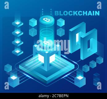 Cryptocurrency and blockchain isometric concept. Data powered center, cloud data storage. Web design, presentation banner Stock Vector