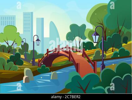 Vector cartoon illustration of a beautiful summer public city park with bridge and river in the sunrise morning Stock Vector