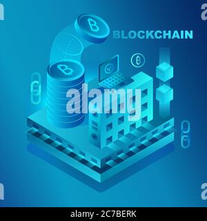 Big data center, cryptocurrency and blockchain isometric composition banner template concept vector illustration Stock Vector