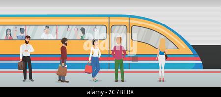 Subway metro platform with train and people in underground station. Urban metro vector concept with passengers Stock Vector