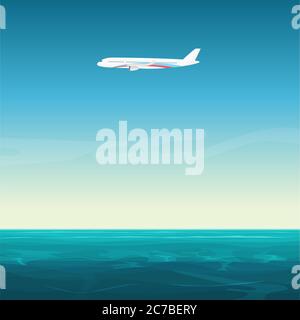 Aircraft airplane in the empty sky under ocean sea cartoon vector illustration Stock Vector