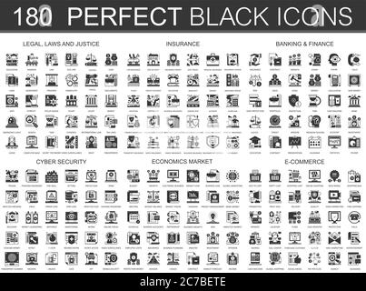 180 legal, laws and justice, insurance, banking finance, cyber security, economics market, e-commerce icons classic black mini concept symbols. Vector modern icon pictogram illustrations set Stock Vector