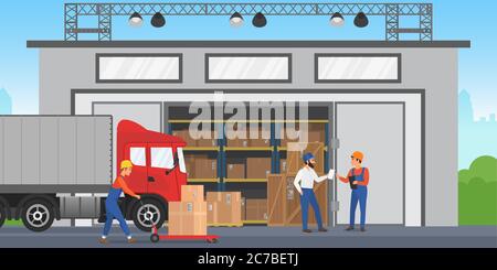 Vector Warehouse workers are arranging goods on the shelves. Warehouse exterior building wirh cargo truck Stock Vector
