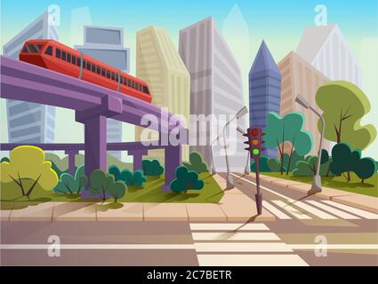 Vector Cartoon modern city panorama with glass skyscrapers and high way subway cityscape background Stock Vector