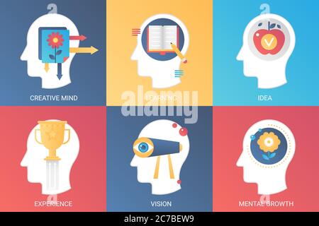 vector concept heads creative mind, learning, idea, experience vision, mental growth. Modern gradient flat style Stock Vector