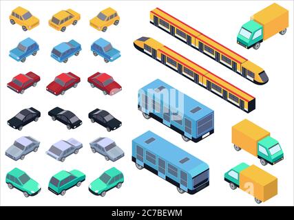 Vector Isometric car, bus, truck and train set isolated Stock Vector