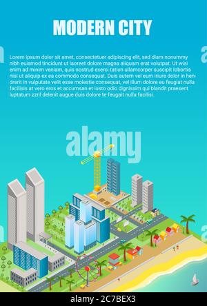Isometric vector of city map with modern buildings and beach area with amusement park. Advertisment poster template Stock Vector