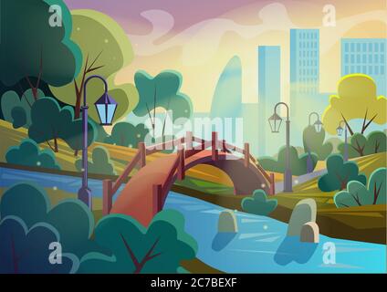 Bright vector image of summer cartoon park with bridge across small river in sparkles with city on background. Game smooth design Stock Vector