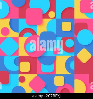 Seamless pop art colorful abstract Geometric shapes Pattern. Bright color various tiles decor wallpaper background Stock Vector