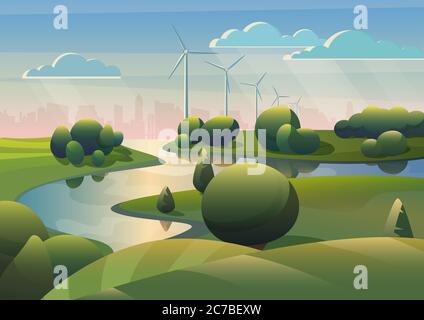 Green lands field landscape with river, wind turbines windmills and modern city under blue sky. Ecology alternative wind energy Stock Vector