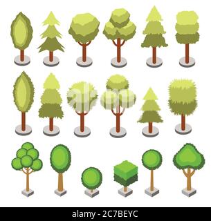 Set isometric 3d various shape trees isolated. Vector isometric tree icons for isometric maps, games design Stock Vector