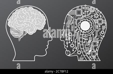 Human brain mind head with artificial intelligence robot head concept illustration Stock Vector