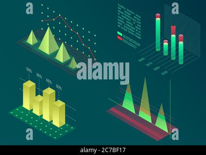 Infographic isometric vector graph elements. Data and business financial diagrams graphs. Statistic data. Template for presentation, sales banner, income report design, website Stock Vector