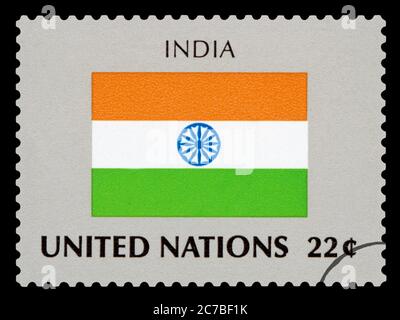 INDIA - Postage Stamp of India national flag, Series of United Nations, circa 1984. Isolated on black background. Stock Photo