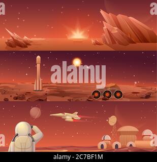 Red planet Mars colonization and exploration. Galaxy Mars landascape with rover, rocket shuttle, spacecraft and colony city base with astronaut horisontal templates banners Stock Vector