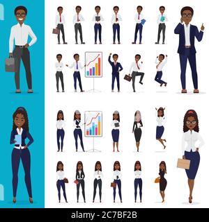 Vector Black african american Business man and business woman working office character design set Stock Vector