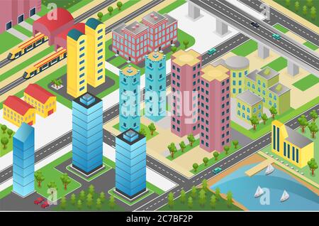 Isometric design of city district with residential buildings and facilities on map Stock Vector