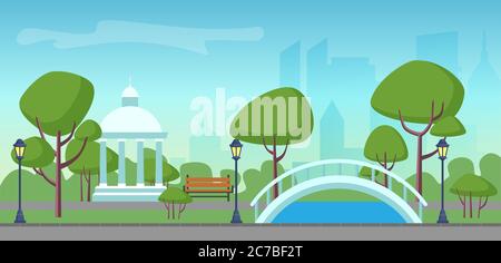 Vector city public park on the modern city skyscrapers background. Green park in town city center Stock Vector