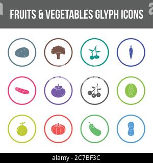 Unique fruits & vegetables vector glyph icon set Stock Vector