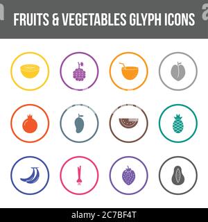 Unique fruits & vegetables vector glyph icon set Stock Vector