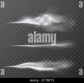 Realistic vector Airy water spray mist effect set. Sprayer fog isolated on dark transparent alpha background Stock Vector