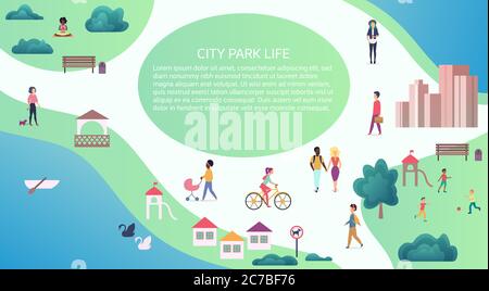 Vector Top map concept view of people at public city park walking and performing leisure outdoor activities. Stock Vector